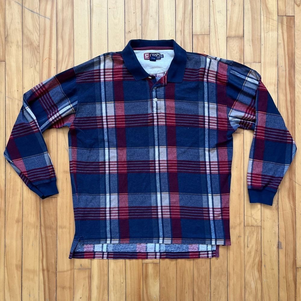 Vintage Chaps Ralph Lauren Plaid Long Sleeve Polo Shirt Mens XLT Navy Red Cotton